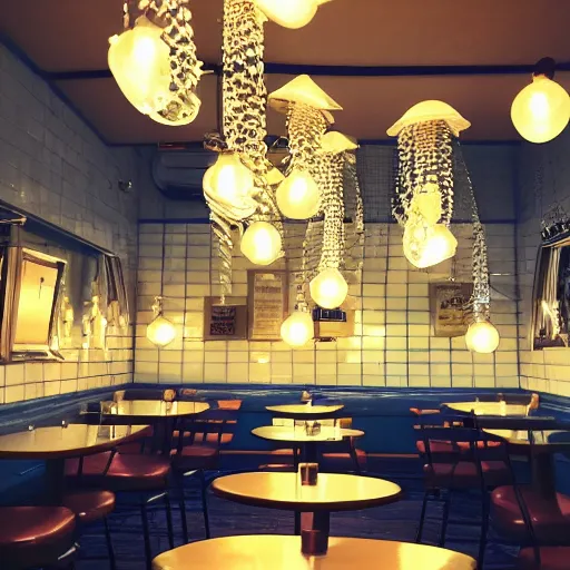 Image similar to inside of a diner with jellyfish lampshades, cozy lighting, late night, photo