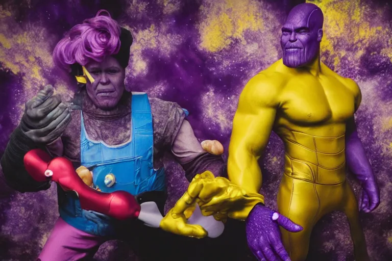 Prompt: multicolor photo of thanos wearing a kitchen mitt by pierre and gilles in 4 k ultra high resolution and with bokeh, with inspiring feeling