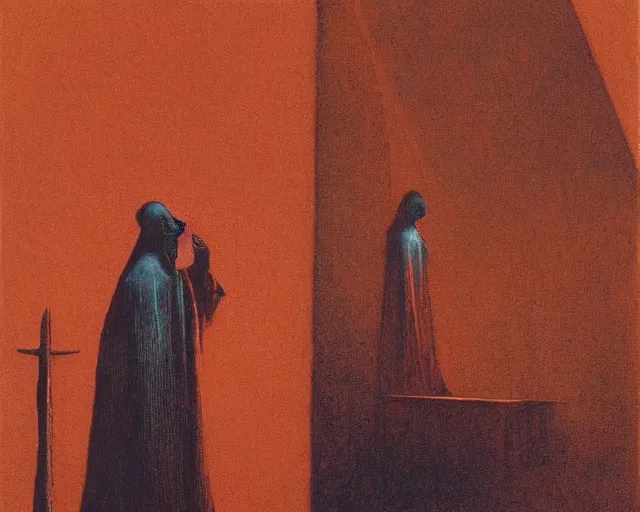 Image similar to by francis bacon, beksinski, mystical redscale photography evocative. devotion to the scarlet!!! woman!!!, priestess in a conical!!! hat, coronation, ritual, sacrament