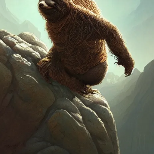 Prompt: detailed science - fiction character portrait of a sloth rock climbing, wild, highly detailed, digital painting, artstation, concept art, smooth, sharp focus, illustration, art by artgerm and greg rutkowski and alphonse mucha