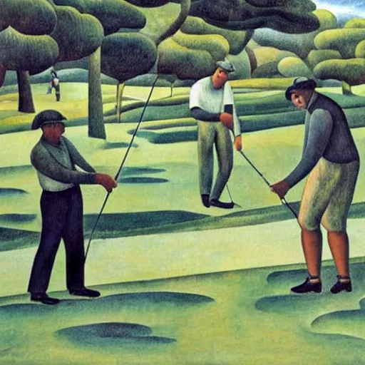 Image similar to Three golfers on a beautiful golf course, by Diego Rivera