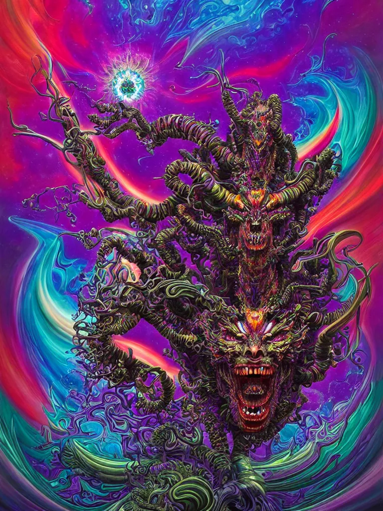 Image similar to depicting a wrathful technological nightmare monster god, in the style of lisa frank, exuberant organic elegant forms, by karol bak and filip hodas : : 1. 4 purple, red, blue, green, black intricate mandala explosions : : intuit art : : turbulent water backdrop : : damask wallpaper : : atmospheric