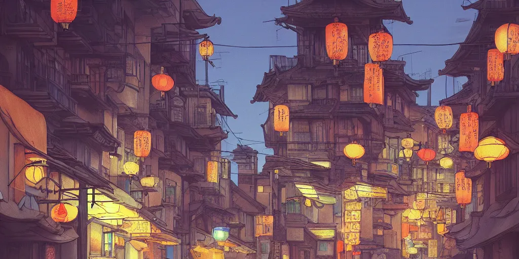 Image similar to a quiet chinatown street, evening, highly detailed, low angle view, studio ghibli, artstation