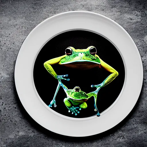Prompt: frog hovering upside down over a plate with black milk, polaroid photography in style of andrey tarkovski, light caustics, paranormal, spiritual, mystical, sublime