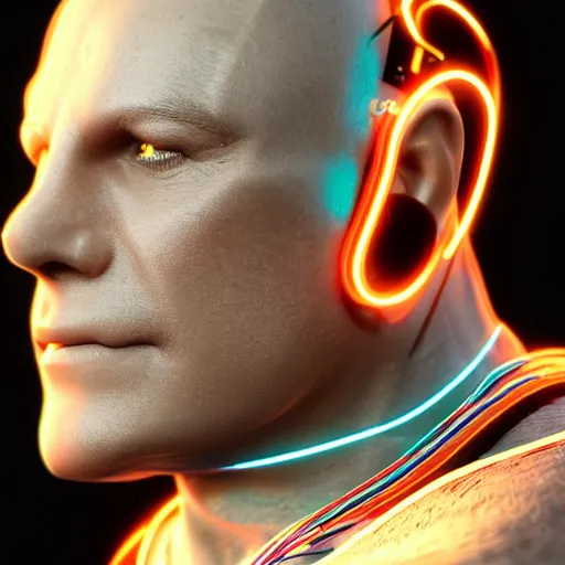 Prompt: a beautiful portrait of a middle - aged bionic male cyborg, cyberpunk, intricate wiring, electronic components, volumetric light, photography, color, intricate, extremely detailed, photorealistic, stunning, unreal engine 5