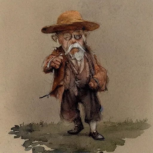 Prompt: a muted color watercolor sketch of a old man little person dancing from story book character ifrom the book Baltimore & Redingote by Jean-Baptiste Monge of an old man in the style of by Jean-Baptiste Monge that looks like its by Jean-Baptiste Monge and refencing Jean-Baptiste Monge