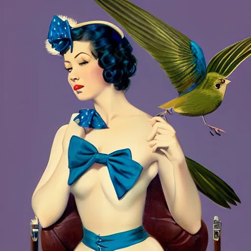 Image similar to portrait of a pinup girl holding an indigo bunting, bird, the bird is wearing a bowtie, by greg rutkowski, rossdraws, gil elvgren, enoch bolles, anime, porcelain skin, very coherent