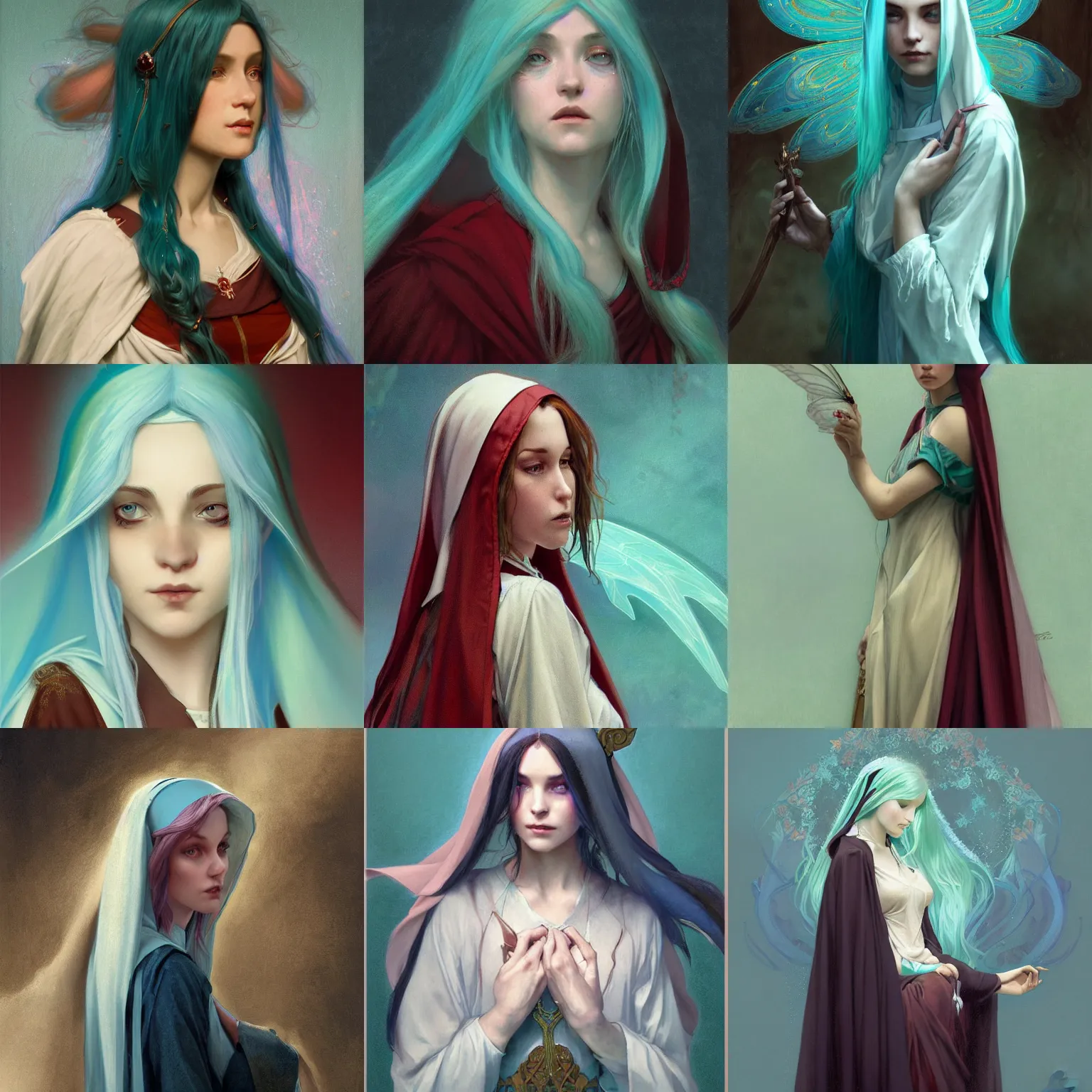Prompt: a beautiful portrait of a fairy with teal colored hair with deep red highlight streaks in her hair dressed as a nun, intricate, elegant, highly detailed, digital painting, artstation, concept art, matte, sharp focus, illustration, art by greg rutkowski and alphonse mucha