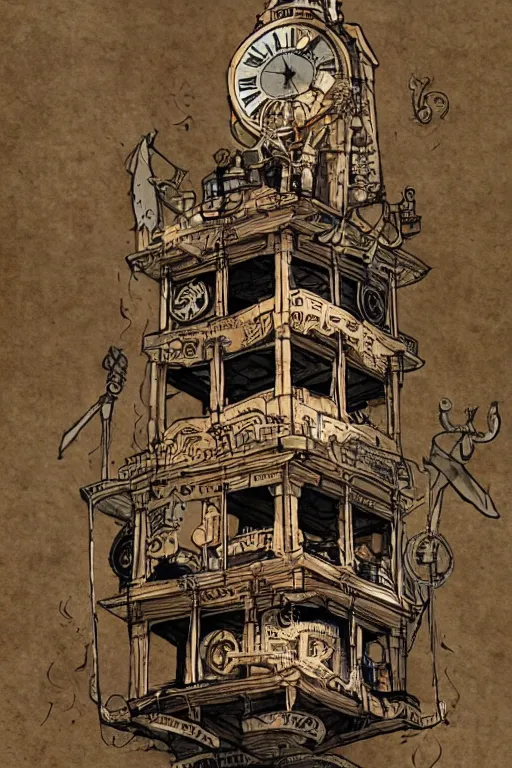 Image similar to the impossible clock tower on the top of a mountain, tower, building, steampunk, papyrus, parchment