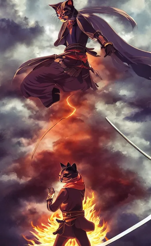 Image similar to house cat samurai epic, anime opening, dramatic opening, fire, lightning, full body portrait, realistic