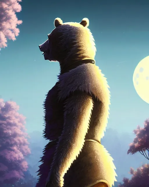 Image similar to highly detailed surreal vfx portrait of a metallic chromatic samurai bear in front of a full moon, stephen bliss, unreal engine, greg rutkowski, loish, rhads, beeple, makoto shinkai and lois van baarle, ilya kuvshinov, rossdraws, tom bagshaw, alphonse mucha, global illumination, detailed and intricate environment