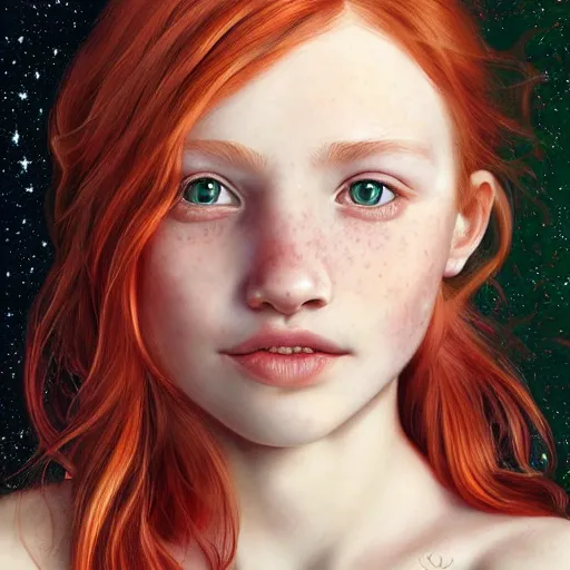 Prompt: a highly detailed, hyper realistic, red haired girl, with long hair, green eyes, hint of freckles, gentle face, cheeky smile, among golden fireflies, deep focus, elegant, digital painting, smooth, sharp focus, golden ratio, illustration, ultra realistic, 8 k, art by artgerm and caravaggio