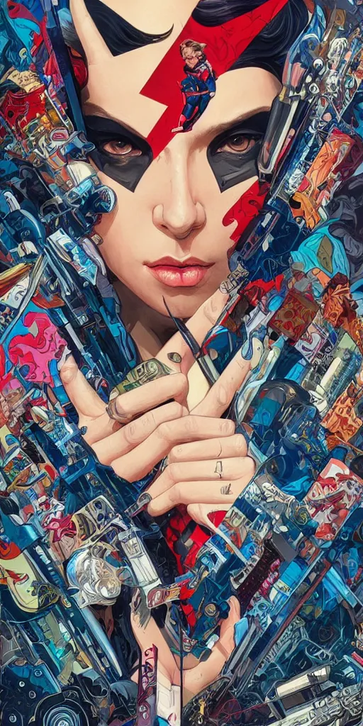 Image similar to Tristan Eaton, maximalism, umbrella academy poster, superhero, intricate, highly detailed, digital painting, artstation, concept art, smooth, sharp focus, illustration, art by artgerm and greg rutkowski and alphonse mucha and Hajime Sorayama