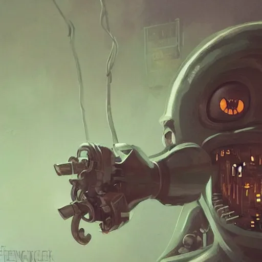 Image similar to closeup portrait of minimalist cyborg midget goblin with painful implants inside byzantine kowloon hoarder workshop filled with dieselpunk equipment, socialist realist composition by by greg rutkowski and h. r. giger and stalenhag and deak ferrand, studio ghibli composition