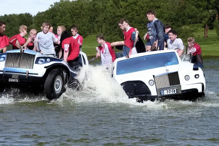 Image similar to Group of teenagers push Rolls-Royce into lake with their hands from a small slide wanting to drown him