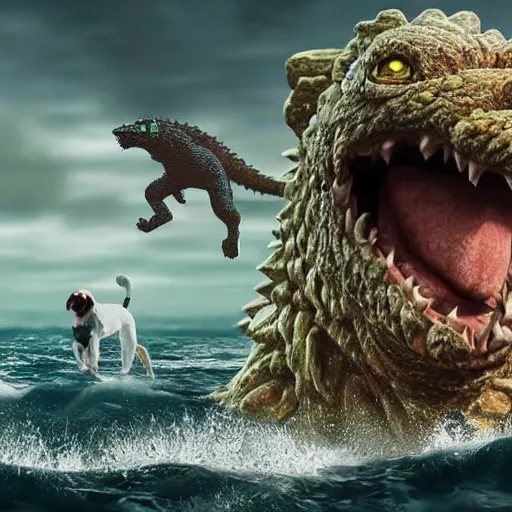 Image similar to masive 1 0 0 meters beagle dog versus godzilla over the sea, epic cinematic, 4 k, very high detail