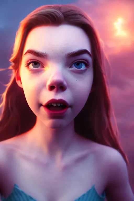 Image similar to anya taylor joy silly selfie, pixar, volumetric lighting, epic composition, hyper detailed, ultra realistic, sharp focus, octane render, volumetric, ray tracing, artstation trending, cgsociety, sense of awe, 4 k