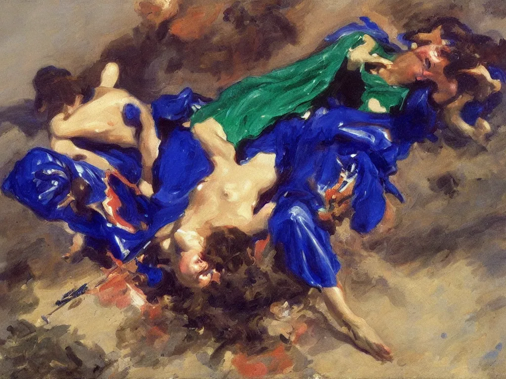 Image similar to painter fighting with lapis-lazuli, malachite, cinnabar pigments. Painting by John Singer Sargent.