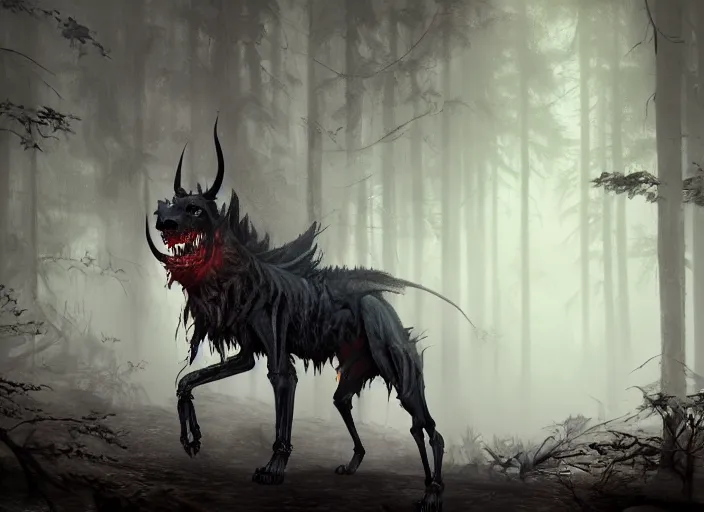 Prompt: concept art of a demon hound on a foggy forest, big trees, skeletons, creepy, epic painting, dark concept art, octane render, extremely detailed