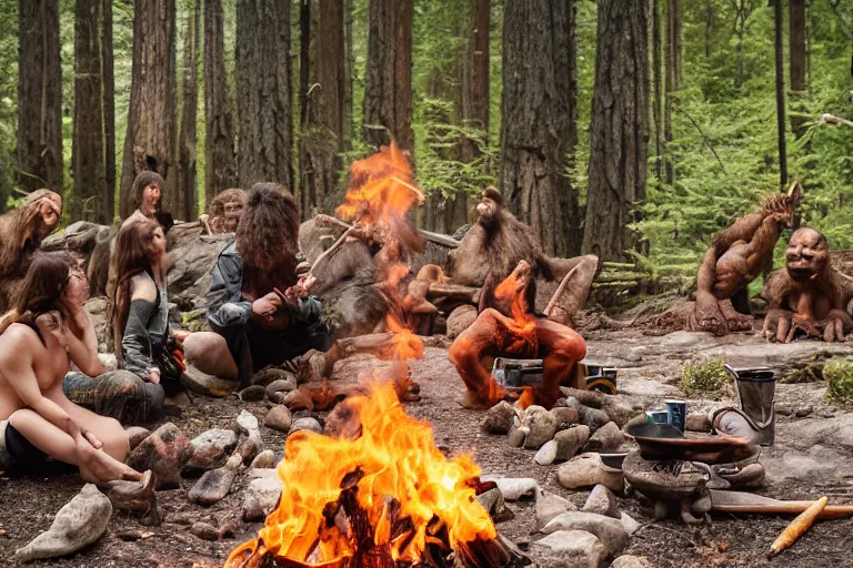 Prompt: sigma 8 5 mm, photo, neanderthal people eating sushi, surrounded by dinosaurs!, gigantic forest trees, sitting on rocks, bonfire, close up camera on bonfire level