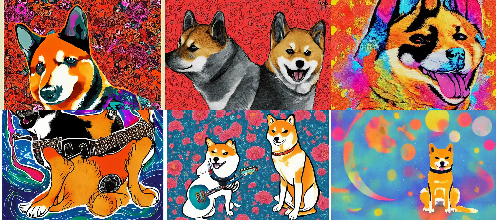 Prompt: Shiba Inu illustration in the style of a jimmy hendrix poster
