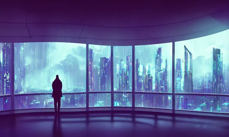 Prompt: a futuristic bedroom with large curved ceiling high windows looking out to a far future cyberpunk cityscape, a mna standing at the window, cyberpunk neon lights, raining, scifi