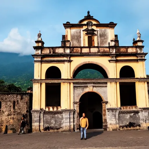 Prompt: a picture of a man standing in front an arch in antigua guatemala at night