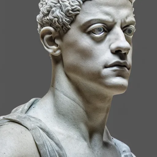 Image similar to rami malek as marble statue of ancient roman emperor, created by michelangelo, museum photoshot, 3 d photorealistic render, high resolution, 8 k