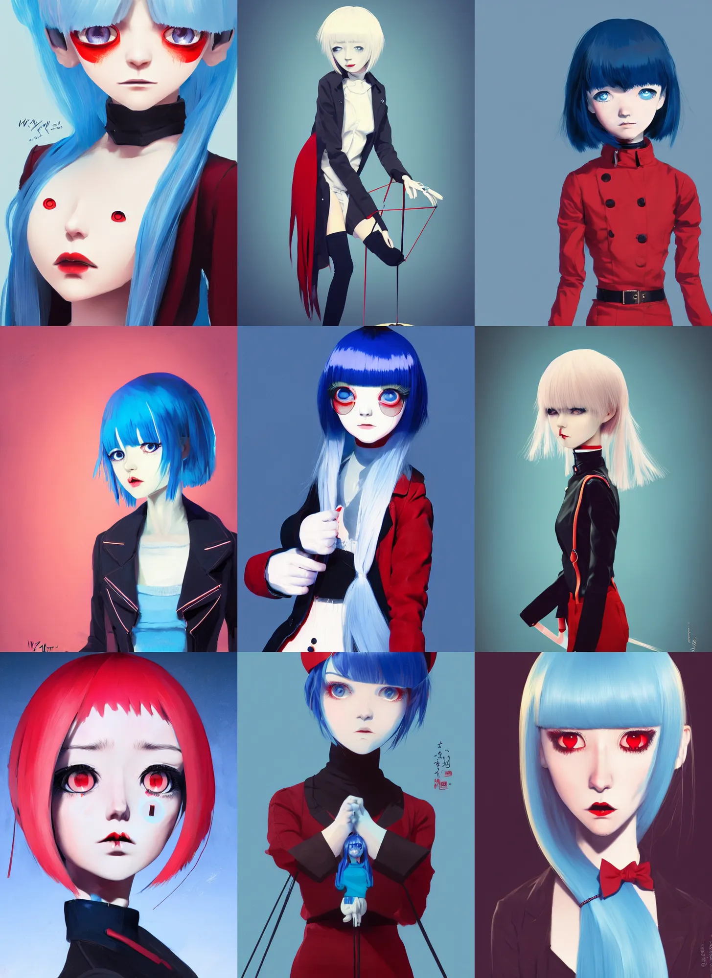 Prompt: a female marionette,'with red eyes ', straight sky blue hair, bangs, black jacket, high collar, concept art, award winning photography, digital painting, cinematic, by wlop, anime key visual, wlop, 8 k, by ilya kuvshinov, andy warhol,