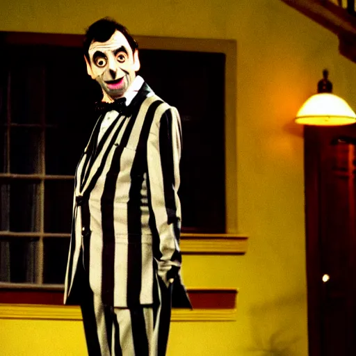 Prompt: mr. bean as beetlejuice. movie still. cinematic lighting.