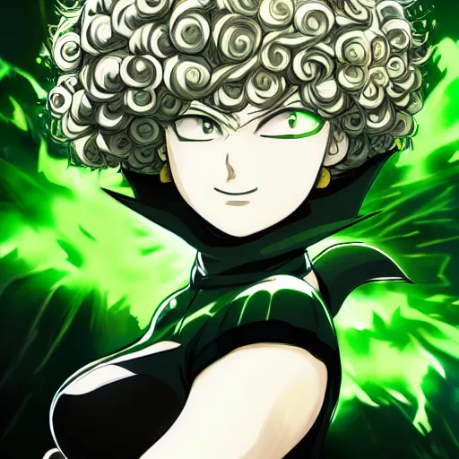 Prompt: tatsumaki from one punch man, green curly hair, digital art, ufotable, trending on pixiv