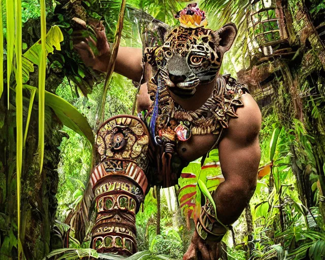 Image similar to mayan jaguar warrior exploring an alien jungle las pozas, 1 9 6 0's sci - fi, lofi technology, deep aesthetic colors, 8 k, highly ornate intricate details, extreme detail, antonin gaudi & edward james