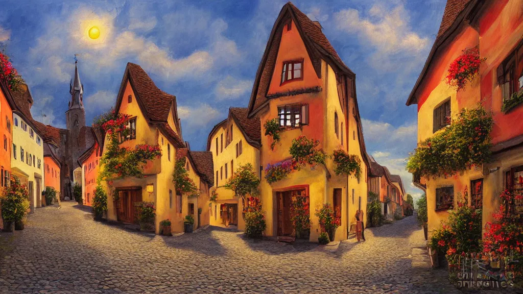 Image similar to High-Quality realist painting of a narrow street in a traditional Bavarian village at dawn, peaceful, very detailed, digital art.