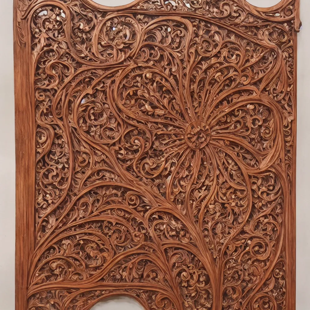 Prompt: a 3 d wooden mahogany art nouveau carved sculpture of a delicate multi - layer tracery pattern, intricate and highly detailed, well - lit, ornate, realistic, polished with visible wood grain