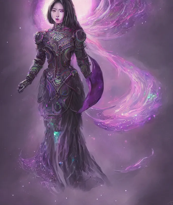 Image similar to concept art of asian female Void Walker, slavic style dress, corset, full body, Realistic, nebula background, intricate details, colourful, by Jason Chan