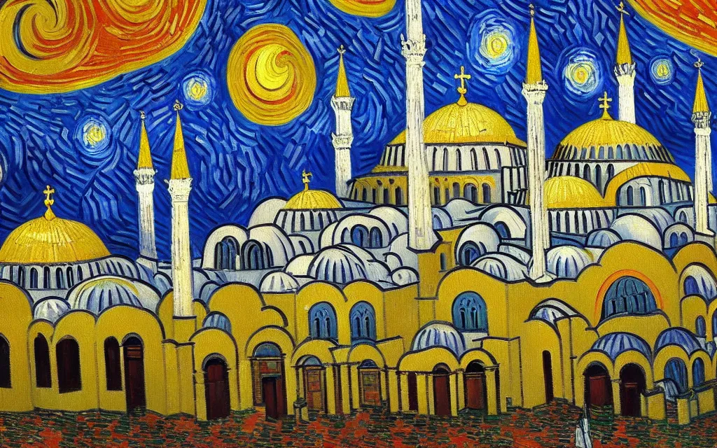 Prompt: detailed expressionist oil painting by van gogh of the hagia sophia church of constantinople, beautiful byzantine architecture, landscape painting, expressionism, 8 k resolution, smooth, sharp focus, matte painting