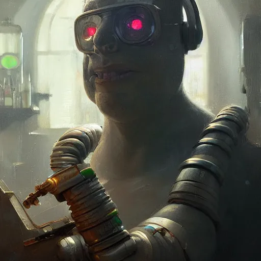 Image similar to portrait of an overweight cyborg barkeeper, robotic arms, ratz, neuromancer, bar background, painted by greg rutkowski, painted by igor kieryluk, high detail, dramatic light, digital art, trending on artstation