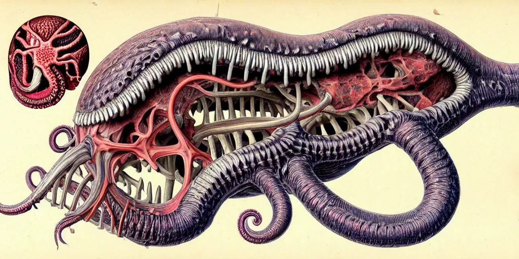 Prompt: hyper-detailed color pencil antique medical illustration of Kaiju head cross-section, nautilus brain, ribcage, xhenomorph, with tentacles coming out of open mouth and exposed jaw bone, spinal column, cerebellar peduncle, interventricular foramen, symmetrical H 1024