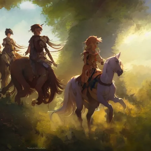 Image similar to a group of people riding on the backs of horses, a storybook illustration by krenz cushart, pixiv contest winner, fantasy art, official art, concept art, storybook illustration. detailed masterpiece.