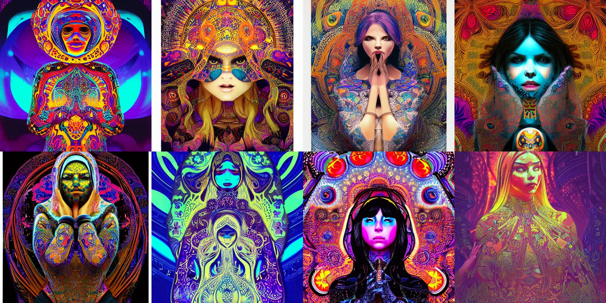 Prompt: matryoshka, psychedelic acid trip, blacklight reactive, sexy, [[fantasy]], intricate, elegant, highly detailed, digital painting, artstation, concept art, matte, sharp focus, illustration, art by Artgerm and Greg Rutkowski and Alphonse Mucha