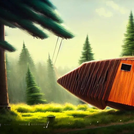 Image similar to a walking wood and metal house with two mechanical legs and one big eye, smoky chimney, rust, hyperrealistic, highly detailed, cinematic, single ray of sun, morning, pareidolia, dynamic composition, gravity falls style, ghibli style, beautiful, pine trees in the background, cgssociety, artstation, 8 k, oil painting, digital art