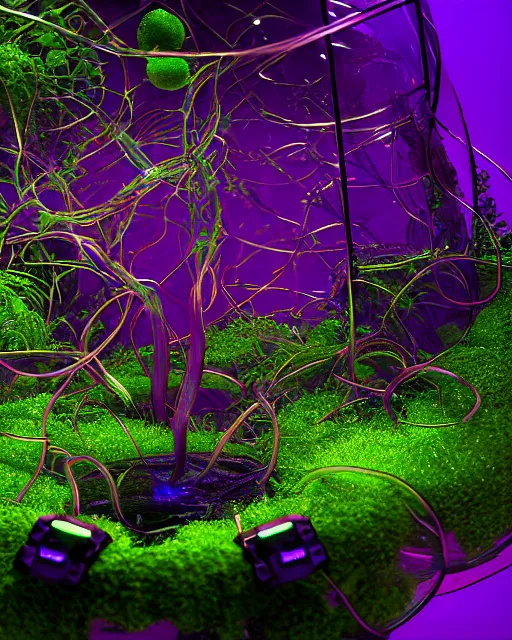 Prompt: ultra-violet cyber punk terrarium overflowing with glowing liquid, vines wrap around the terrarium, unreal engine 5, blender, depth of field, landscape, lush, ultra realistic, cinematic, macro, artstation, megascan, elegant, epic, Quixel, weta digital, focus, octane render, v-ray, 8k, dslr, macro photography