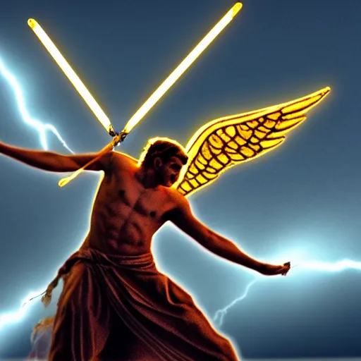 Prompt: Celestial Angel shooting a Lightning Bolt at Zeus, cinematic