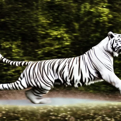 Prompt: realistic photo shot of a white tiger running fast | cinematic photo | cinematic shot | epic | 8k resolution | realistic | hyperrealistic