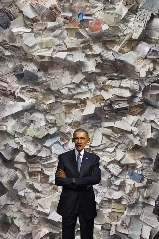 Prompt: obama nervous standing next to a mountain of papers, oil on canvas, intricate, portrait, 8 k highly professionally detailed, hdr, cgsociety