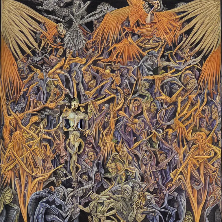 Image similar to transformation through death by Alex Grey and M. C. Escher collaboration