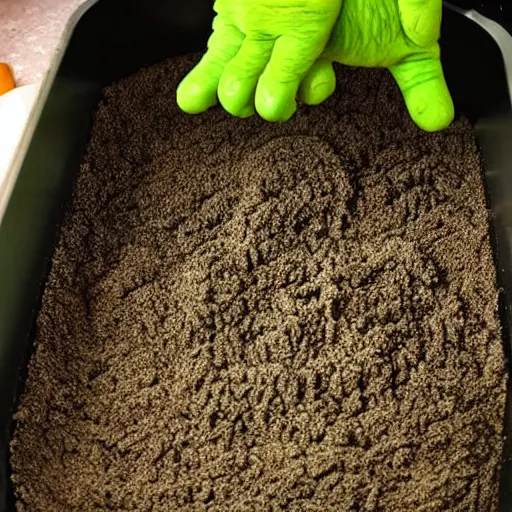 Prompt: shrek poops in a cat litter box