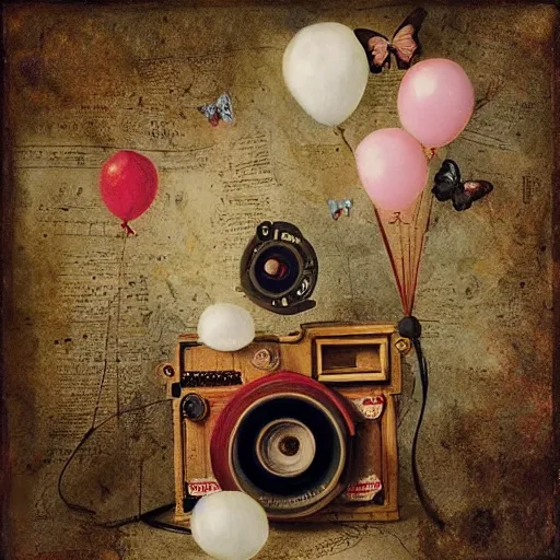 Prompt: 7 0 mm movie camera and balloons with butterflies for strings, happy birthday, painting by ray caesar on aged parchment