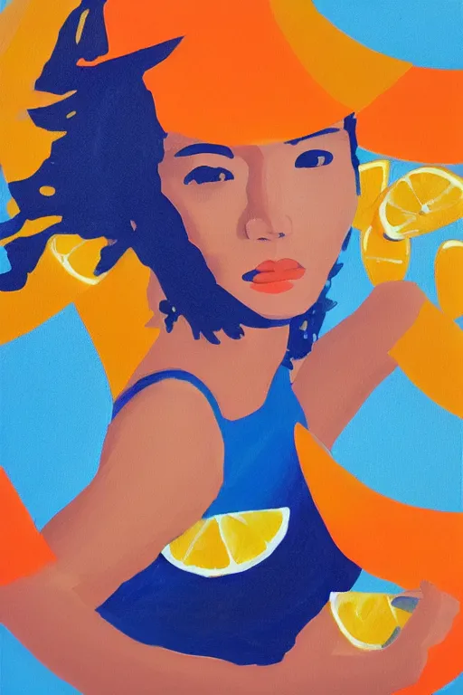 Image similar to a Acrylic painting of a girl ,summer ,water,wave , orange and orange slices,blue theme and Yellow accents,Colour composition by Kenya Hara