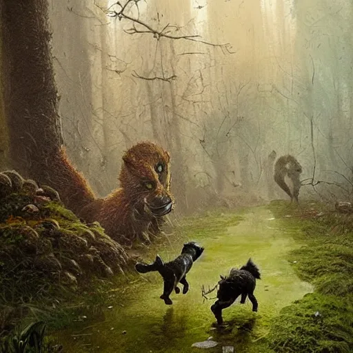 Prompt: Dogs running away from a Moss Monster. The Moss is in the shape of a Dimly lit grimy muddy Beast by Greg Rutkowski and Thomas Kinkade